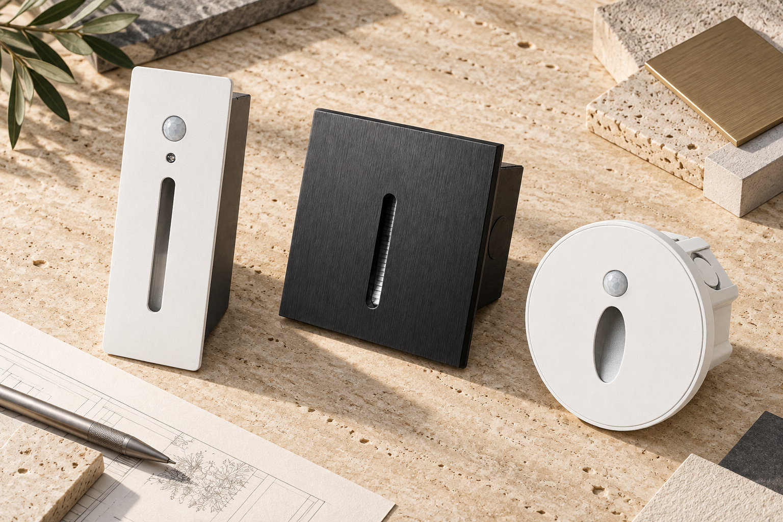 Architectural lighting design study with product and material references on a studio table