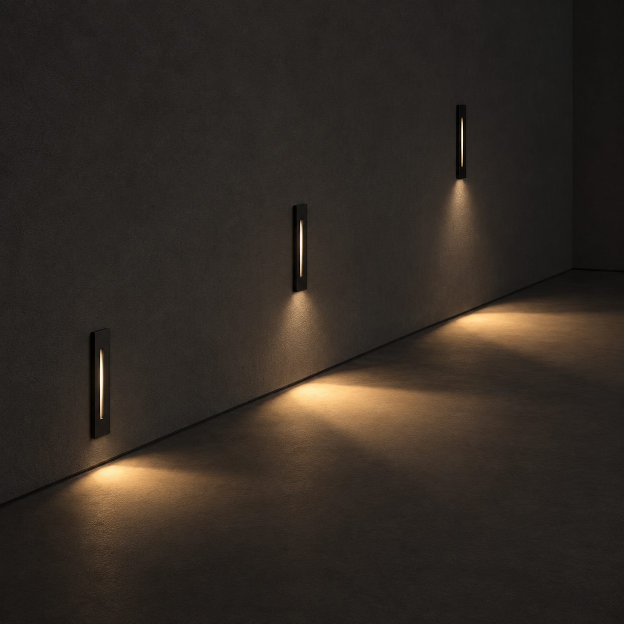 Three step lights illustrating the effect of different mounting heights on light distribution