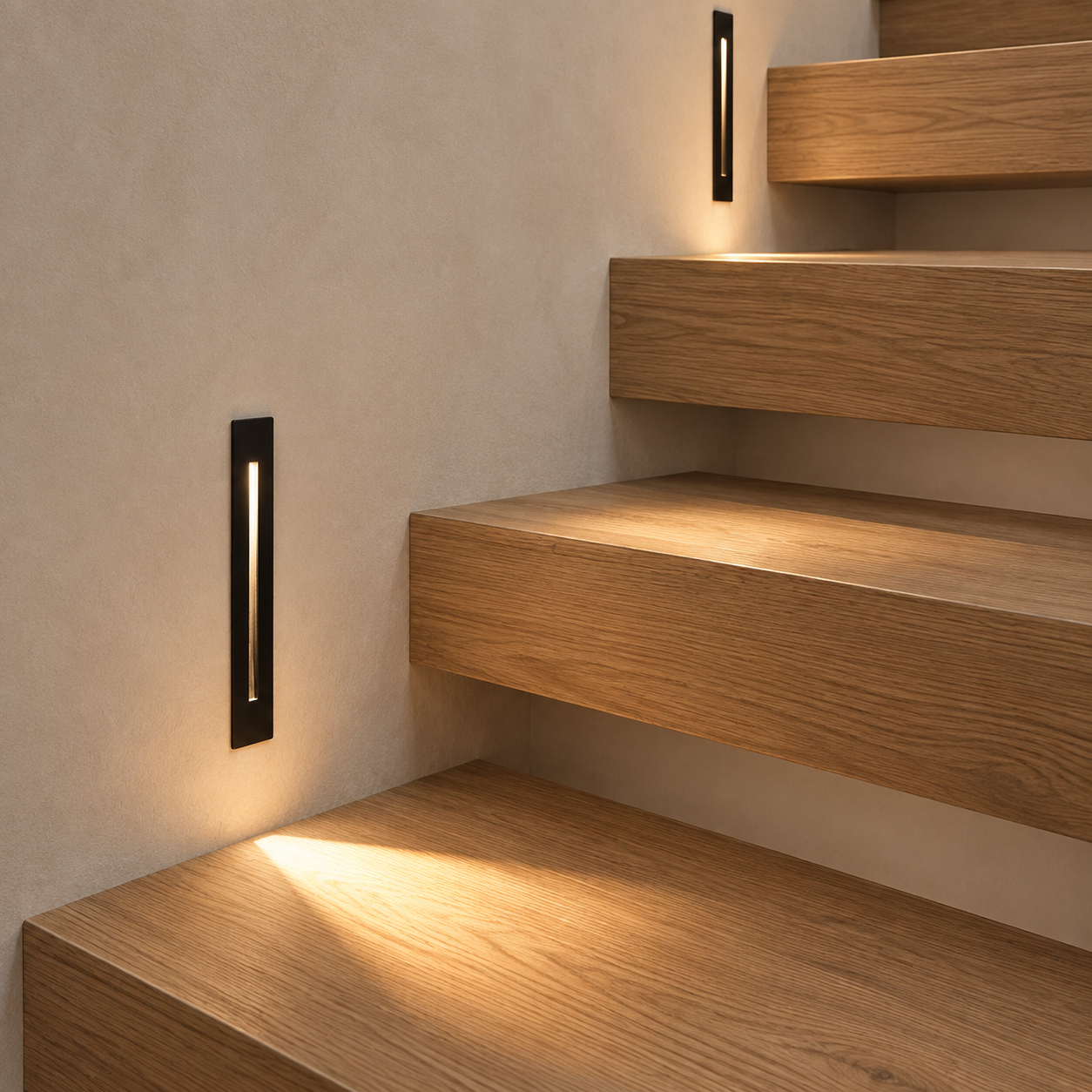 Black CE-080 lights casting warm light across oak stair treads