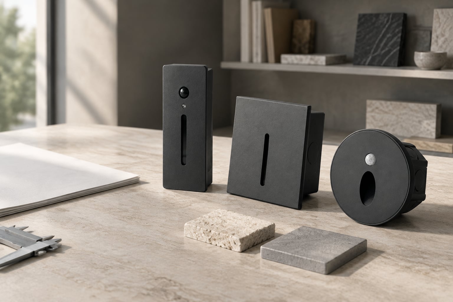 Product-reference study of Kaiputsen rectangular, square and round step lights with architectural material samples